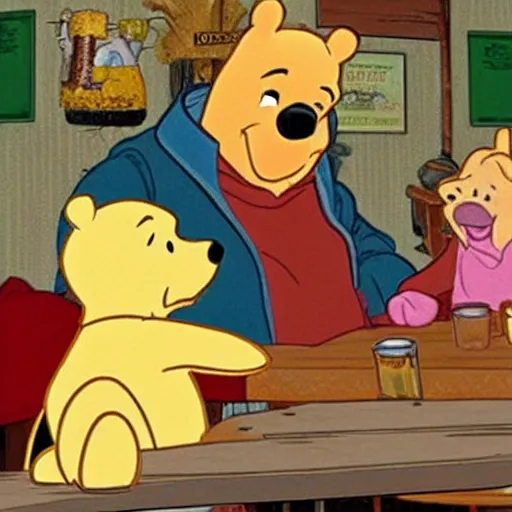 Image similar to winnie the pooh and a blonde woman enjoying a pint in a rural pub. gordon freeman is in the background looking disappointed.