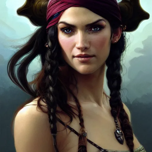 Image similar to portrait of a young ruggedly handsome but joyful pirate, female, feminine, upper body, black hair, long hair, d & d, fantasy, seductive smirk, intricate, elegant, highly detailed, digital painting, artstation, concept art, matte, sharp focus, illustration, art by artgerm and greg rutkowski and alphonse mucha