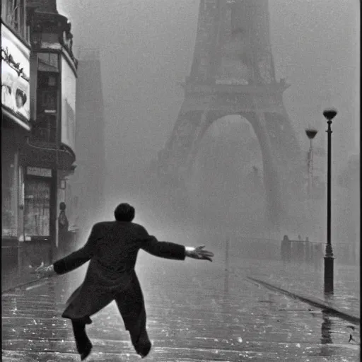 Image similar to the man leaping in a raining paris street, by henri cartier bresson,