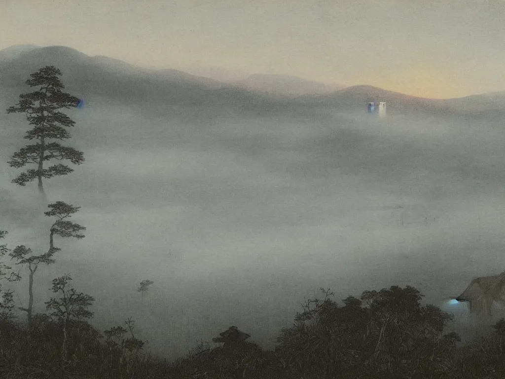 Prompt: View of the old Kyoto in the fog. Painting by Caspar David Friedrich