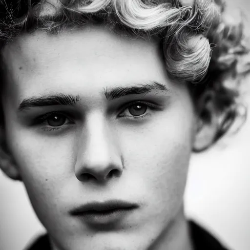 Image similar to close up of 1 8 year old man with wavy / curly light blonde hair, blue eyes, pale complexion, wearing 1 9 5 0 s clothing, 8 5 mm f / 1. 4