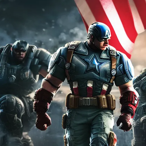 Image similar to donald trump as captain america in gears of war, splash art, maga, patriot, detailed face, movie still, cinematic lighting, dramatic, glowing, ray tracing, octane render, long lens, shallow depth of field, bokeh, anamorphic lens flare, 8 k, hyper detailed, 3 5 mm film grain