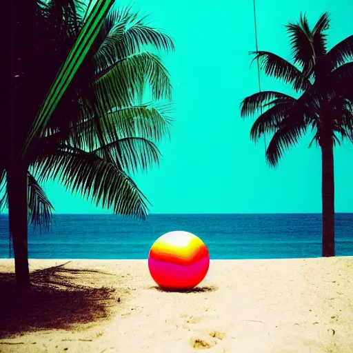 Image similar to noisy color photograph of an underground retrofuturist liminal space, staggered terraces, lonely palm tree next to a beach ball, deformations, minimalist, cinematic, soft vintage glow