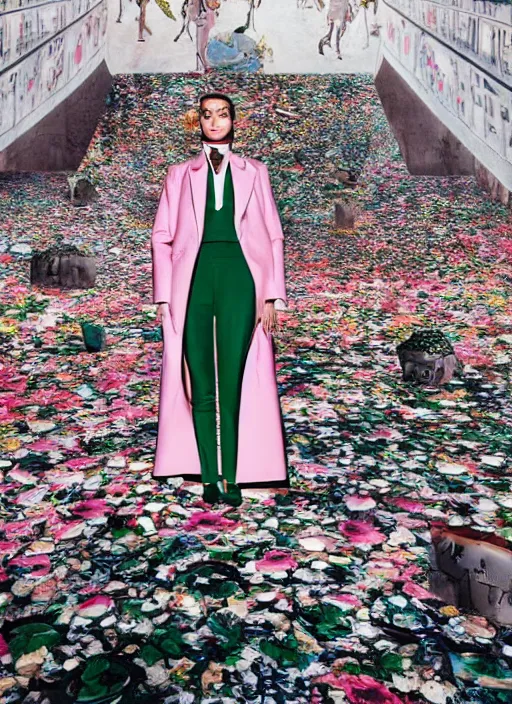 Image similar to a beautiful girl in a gucci x yeezy collab outfit is creating a new city, mini magic city, hidden doors, magical details, high detail, 8 k, perfect faces, photographed by maurizio cattelan and pierpaolo ferrari with the art direction of micol talso for toiletpaper creative magazine