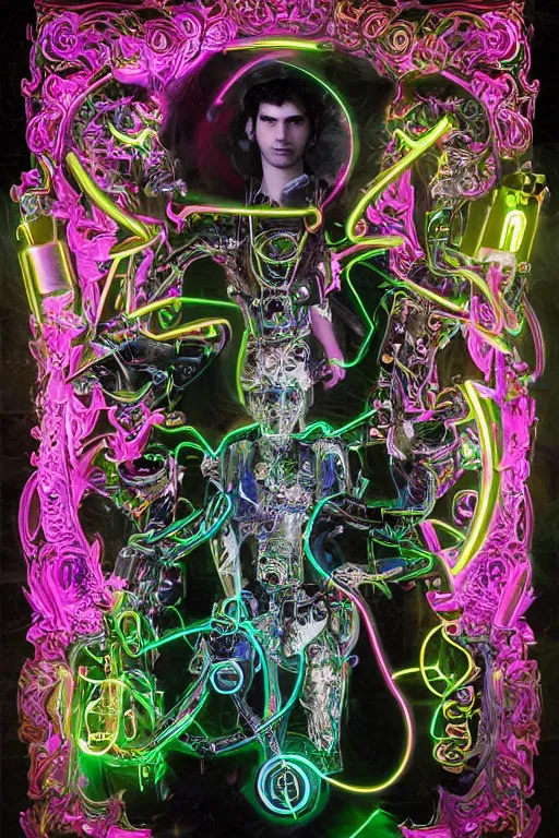 Prompt: full-body bladerunner neon baroque style sculpture of a young handsome Spanish prince as a half cibernetic android with a chest opening exposing circuitry and electric sparks, glowing laser beam eyes, crown of giant neon diamonds, flowing neon green colored silk, fabric, raptors. baroque elements. full-length view. mechanical gear neon flowers. intricate artwork by caravaggio. black screen panel for a face. Trending on artstation, octane render, cinematic lighting from the right, hyper realism, octane render, 8k, depth of field, 3D