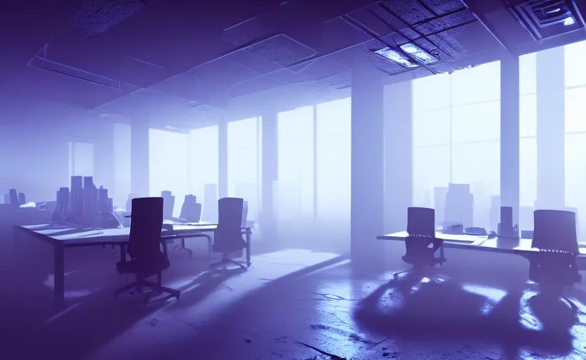 Image similar to office, horror scene, fluorescent lighting, eerie volumetric-lighting-style atmosphere, futuristic atmosphere, intricate, detailed, photorealistic imagery, artstation