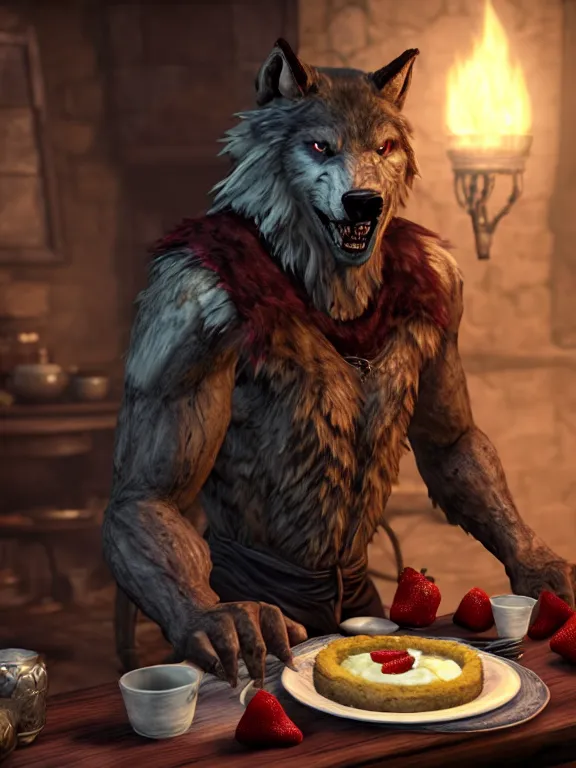 Image similar to cute handsome cuddly burly surly relaxed calm timid werewolf from van helsing sitting down at the breakfast table in the kitchen of a normal country home cooking having fun lighthearted whimsy whimsical baking strawberry tart cakes unreal engine hyperreallistic render 8k character concept art masterpiece screenshot from the video game the Elder Scrolls V: Skyrim