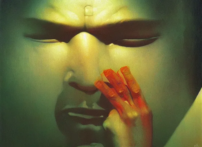 Image similar to portrait painting of closeup meditation, science fiction, Edward Hopper and James Gilleard, Zdzislaw Beksinski, highly detailed