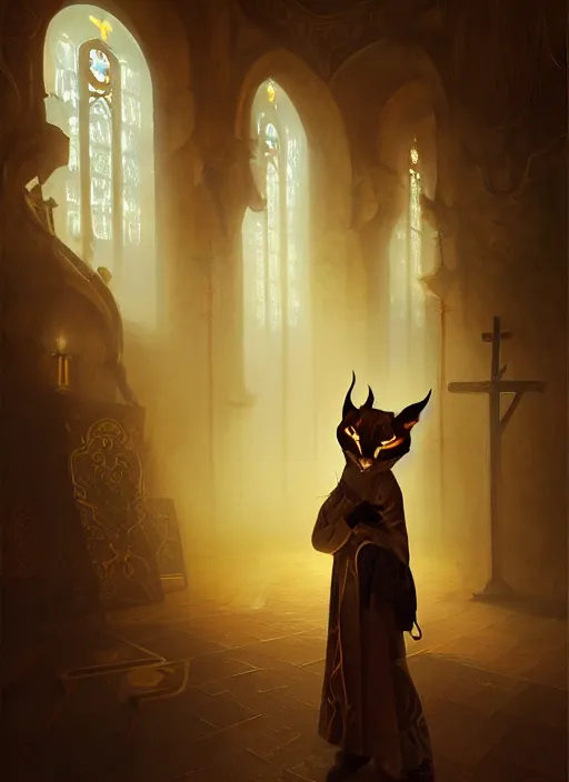 Image similar to surrealistic portrait of anthropomorphic caracal in golden priest clothes wearing vr in orthodox church, bokeh, foggy, dynamic lighting, darkness, ambients, dramatic, foggy, heavy bokeh and blur, cinematic, depth of field, art by bussiere rutkowski andreas rocha