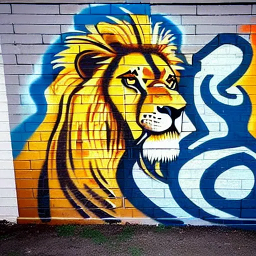 Prompt: wall with graffiti, splash painting of a lion