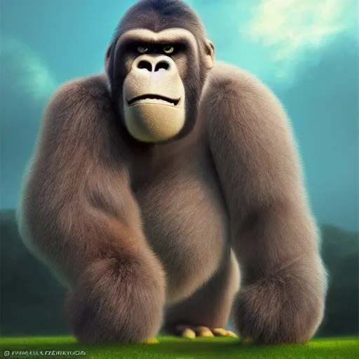 Prompt: cutie fluffy creature with king kong, digital art, 3 d, octave render, masterpiece, mega detailed, pixar, disney, vivid illustration, cartoon, fantasy, by george stubbs, artgerm, in the style of ghibli kazuo oga, pastel fur