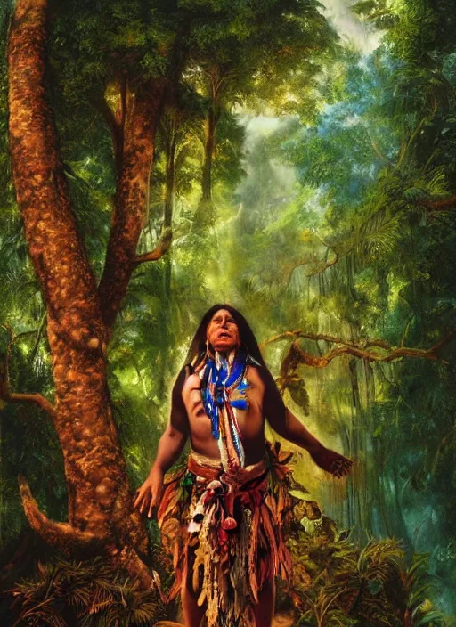 Image similar to a beautiful painted portrait of an indigenous shaman chanting in the jungle, matte painting, fantasy art, ayahuasca