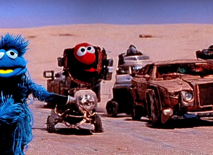 Prompt: scene from the 1981 science fiction film Muppet Mad Max 2