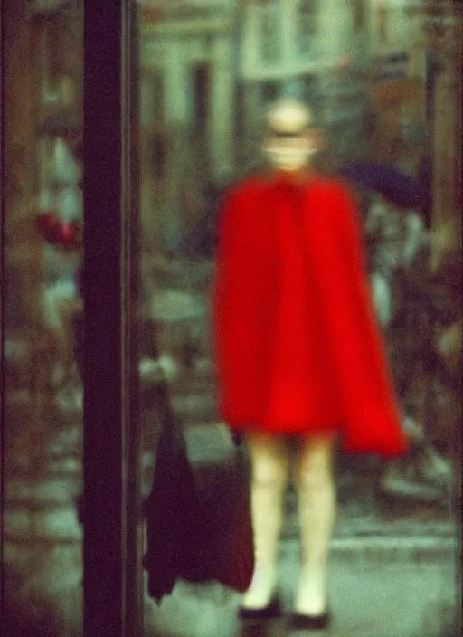 Image similar to portrait, blurry, street photography by saul leiter, red, pale