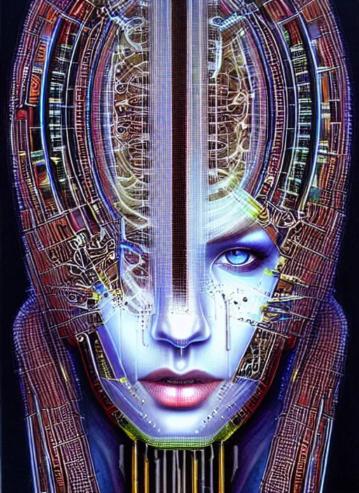 Prompt: biopunk cyborg portrait by julie bell, intricate integrated circuit patterns, detailed!, very sharp!!!