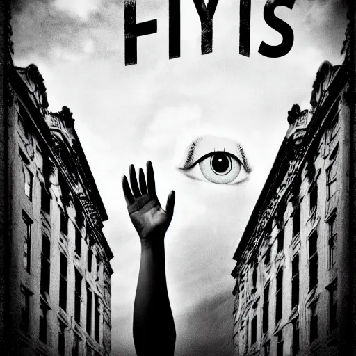 Prompt: three realistic eyes and hands floating in the sky over a city, high contrast, low key, black and white, vintage poster, film grain
