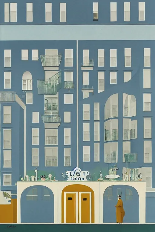 Image similar to scene from wes anderson hotel building by helen lundeberg