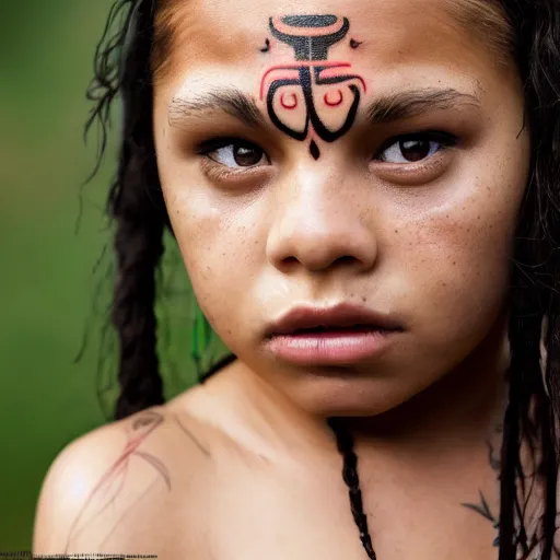 Image similar to a portrait of a maori girl with bottom lip tattoos female, dark eyes, dark hair, olive skin, depth of field, zeiss lens, detailed, centered, artstation, fashion photoshoot, by Annie Leibovitz and Steve McCurry, David Lazar, Jimmy Nelsson, Breathtaking, 8k resolution, extremely detailed, beautiful, establishing shot, artistic, hyperrealistic, beautiful face, octane render