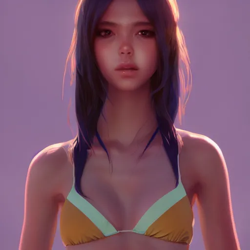 Image similar to portrait ofa pretty anime girl in a bikini au naturel, hyper detailed, digital art, trending in artstation, cinematic lighting, studio quality, smooth render, unreal engine 5 rendered, octane rendered, art style by klimt and nixeu and ian sprigger and wlop and krenz cushart.