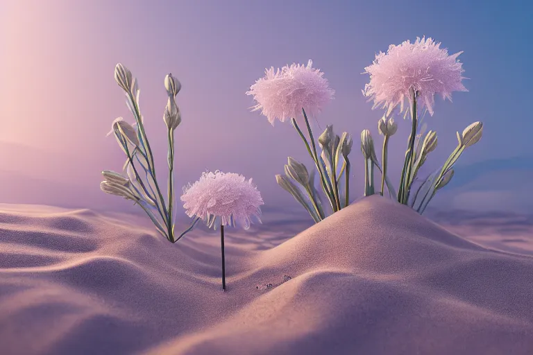 Prompt: perfume bottle buried frosted flowers, dramatic, mid day, blurry sand dune background, large scale, hyperrealistic, lots of detail, realistic lighting, octane render, by wlop, artgerm, trending on artstation