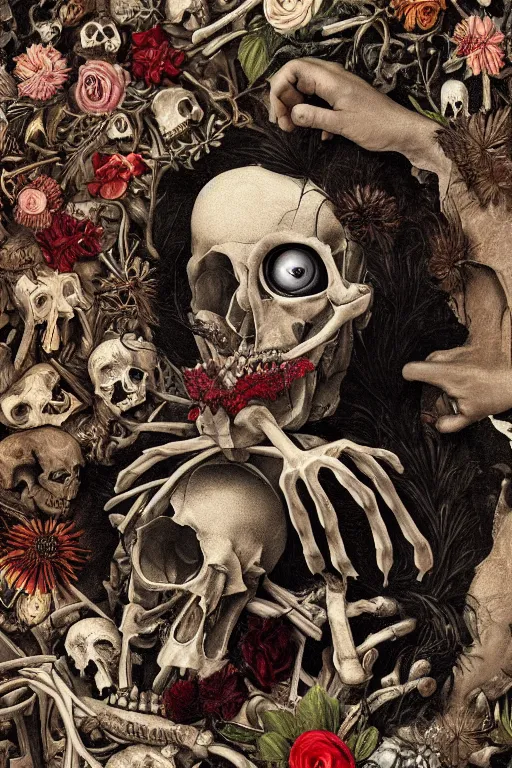 Image similar to anatomical man with large eyes and lips laying in bed of bones of flowers, an existential dread of love, HD Mixed media, highly detailed and intricate, surreal illustration in the style of Caravaggio, baroque dark art