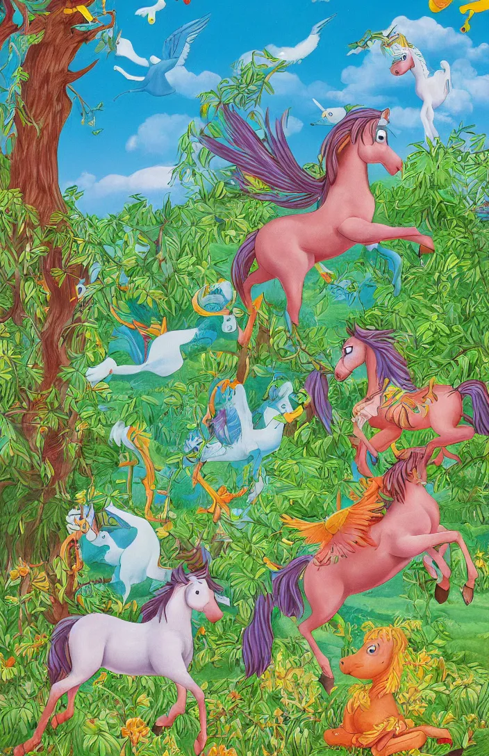 Prompt: a childrens book cover page for a playful pegasus in the forest with the a blue sky background, childrens book illustration, colorful, by sven nordqvist