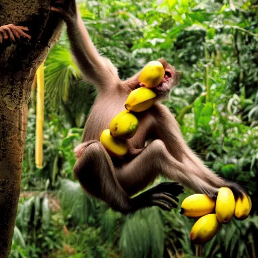 Image similar to multicolor photo of monkey juggling bananas at the jungle by steve mccurry in 4 k ultra high resolution and with dutch angle, with funny feeling