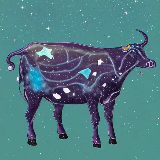 Prompt: the great magical cow, also known as the cosmic cow, is several thousand pounds and covered with an amazing array of hair. she has a beautiful blue coloration, she is quite docile and gentle, and her large, almost spherical body is always in motion.