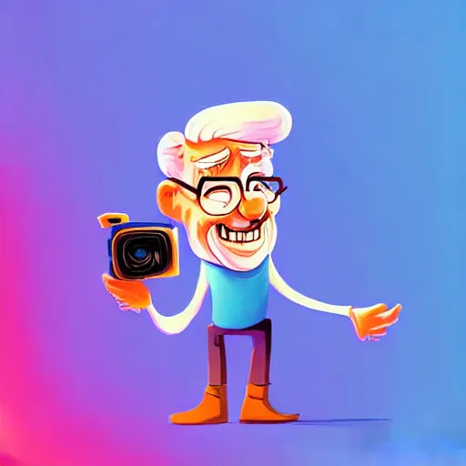 Image similar to curled perspective digital art of a cute smiling grandpa cartoon character with a photo camera by anton fadeev