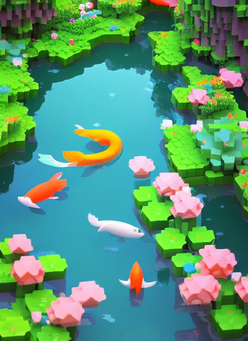 Image similar to Amazon pastel cute voxel art of a koi pond, behance, artstation, cute, Japanese, 3d render, unity, beautiful lighting, extremely beautiful, Huang Guangjian and Gil Elvgren and Sachin Teng , Greg Manchess