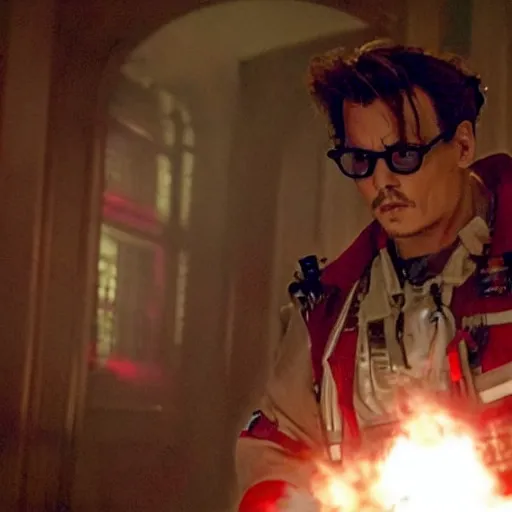 Prompt: stunning awe inspiring johnny depp as a ghostbuster in the movie ghostbusters, movie still 8 k hdr atmospheric lighting