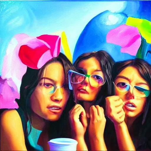 Image similar to “springbreak party, 3 young girls, hyper realistic oil painting”