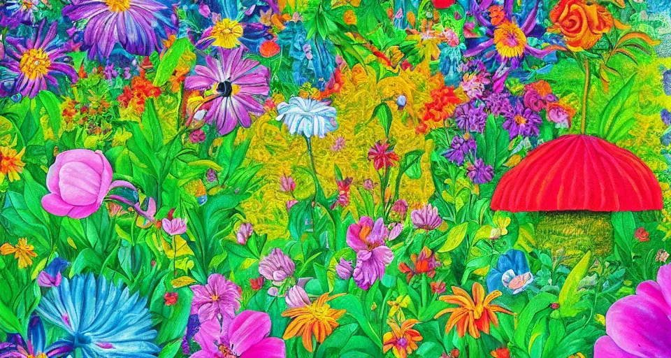 Image similar to bosch painting of a garden using lisa frank colors