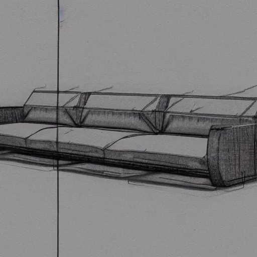 Image similar to detailed sketch, a prototype concept design of a sofa, commercial tv add, blade runner style,