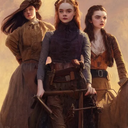 Prompt: ultra realistic portrait painting of elle fanning, ana de armas, anya taylor - joy as a western outlaw, art by frank frazetta, 4 k, ultra realistic, highly detailed, epic lighting