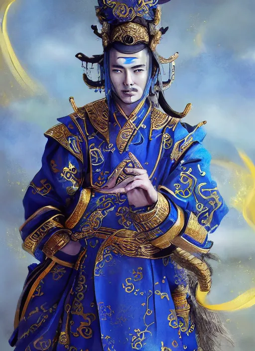 Image similar to full body portrait of a male daoshi with metallic skin wearing a blue daopao by wlop, wuxia, xianxia, daoshi, taoist priest, taoist master, gold metallic skin, blue daopao, blue taoist robe, realistic, anatomically accurate, fantasy illustration, artstation, wlop, 4 k.