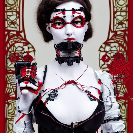 Image similar to red gothic cyborg victorian bizzare porcelain woman with artnouveau garment and ornaments sharp focus 8 k