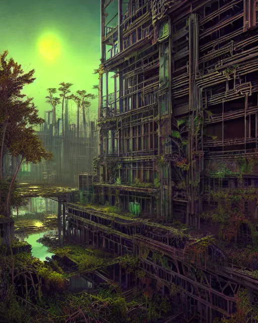 Image similar to a beautiful hyperdetailed rendering of nature abandoned swamp city unfinished building industrial architecture by louis sullivan, cosmic at dusk nightvision meadow dramatic lighting cyberpunk alien uv light flowers morning sun synthwave, archdaily, wallpaper, highly detailed, trending on artstation.