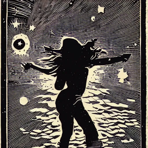 Image similar to Woodcut portrait of me falling into the stars by greg rutkowski, 4k, intricate details