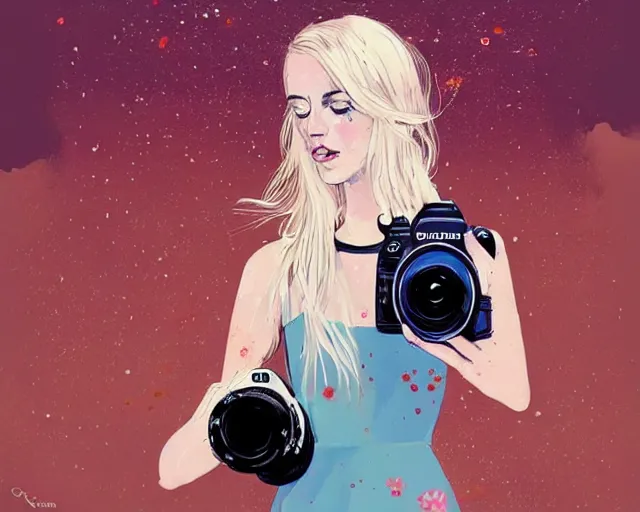 Image similar to pale young woman with bright blonde hair, freckles, blue eyes and a wide face, flowery dress, she is holding a professional dslr camera close to her face, dramatic lighting, bright flare, surreal art by conrad roset