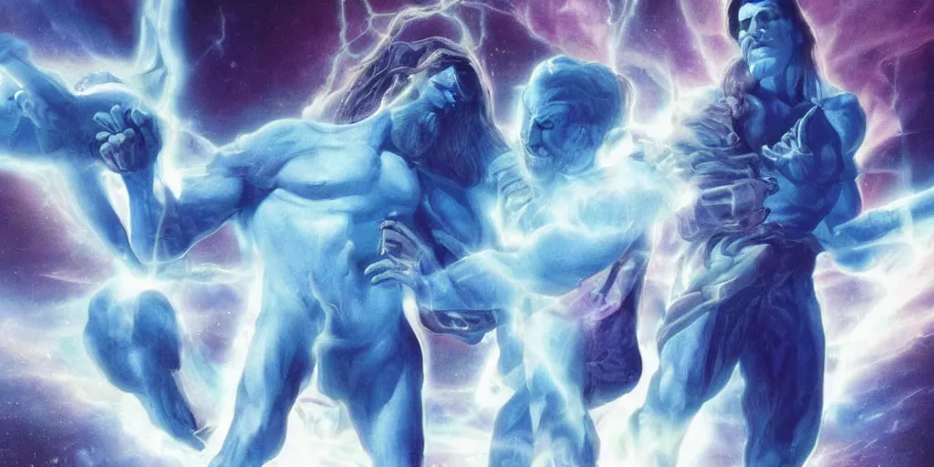 Image similar to Jesus fighting Dr Manhattan as giants in a city, cinematography, high contrast, hyper realistic, lens flares