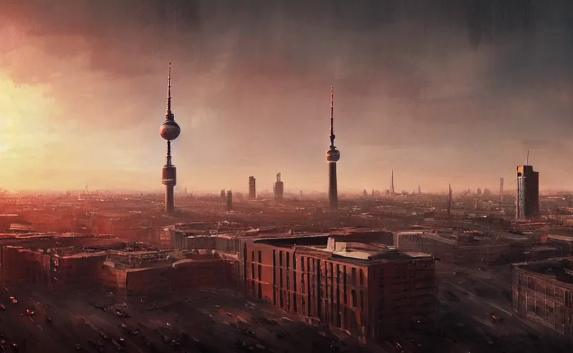 Image similar to painting of skyline of berlin with television tower at sunset, natural light, concept art, by greg rutkowski, cozy atmospheric and cinematic lighting