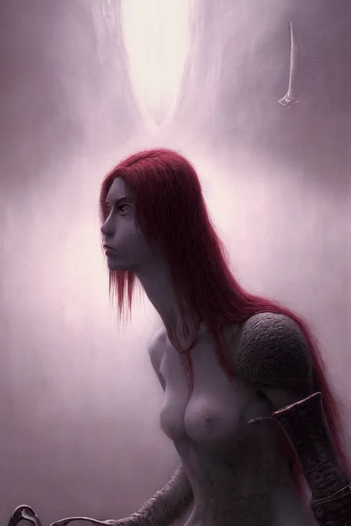 Prompt: portrait of makise kurisu, scene set in skyrim, by zdzislaw beksinski, by dariusz zawadzki, by wayne barlowe, gothic, surrealism, cosmic horror, lovecraftian, cold hue's, warm tone gradient background, concept art, beautiful composition