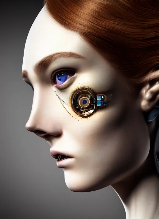 Prompt: a stunning young female cyborg profile face, by jeff koons, by pre - raphaelite brotherhood, unreal engine, glamor shot, nikon d 7 5 0, closeup, f / 2. 8, low contrast, 1 6 k, rim lighting, optical fiber, cinematic lighting, insanely detailed and intricate, hypermaximalist, elegant, ornate, hyper realistic,