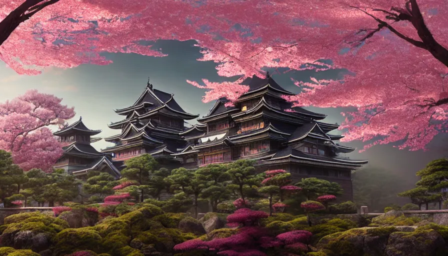 Image similar to A highly detailed matte painting of the huge japanese castle, wooden and dark, with matsu pine trees, with sakura cherry trees, by Studio Ghibli, Makoto Shinkai, by Artgerm, by beeple, by Greg Rutkowski, volumetric lighting, octane render, 4K resolution, trending on artstation, masterpiece