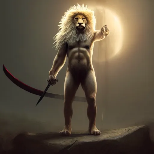 Image similar to commission of a male anthropomorphic albino lion holding a sword,digital art,art by greg rutkowski,trevor henderson,ross tran,photorealistic,hyperdetailes,highly realistic,natural lighting,deviantart,artstation,dramatic,cinematic,4k,western comic style,the sky is red,sharp lineart,hard shadows