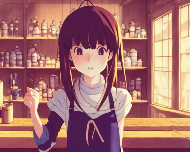 Image similar to anime visual, portrait of a young female traveler in a alchemist's shop interior, cute face by yoh yoshinari, katsura masakazu, studio lighting, dynamic pose, dynamic perspective, strong silhouette, anime cels, ilya kuvshinov, cel shaded, crisp and sharp, rounded eyes, moody