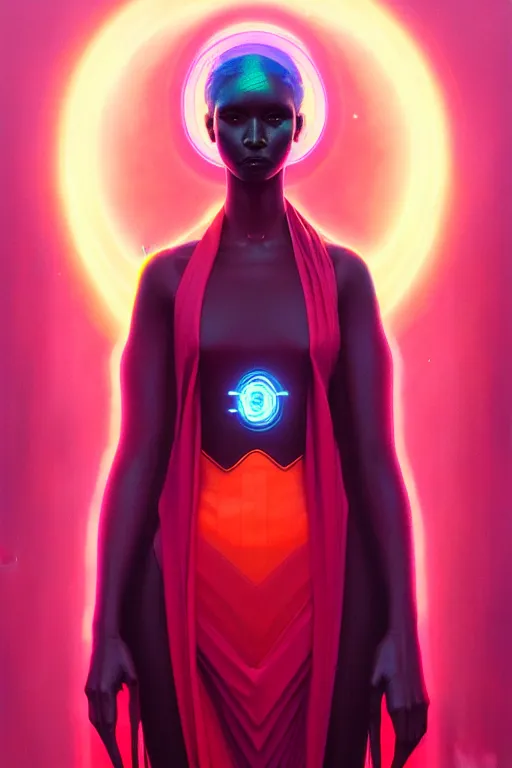 Image similar to patron saint of 🛸👩🏾, futuristic clothing, neon god of city character portrait, in the style of moebius, tom bagshaw, and waterhouse, cinematic lighting, beautiful, elegant, oil painting,