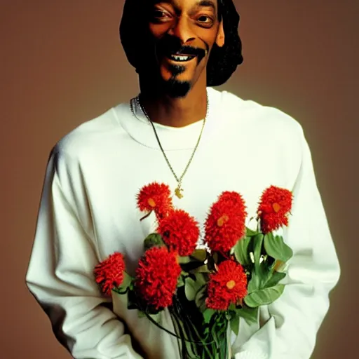 Prompt: Snoop Dogg smiling while holding a Vase of flowers for a 1990s sitcom tv show, Studio Photograph, portrait, happy C 12.0