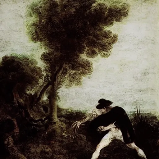 Prompt: by ron garney, by jean - antoine watteau precise screen printing. a land art of a man caught in a storm, buffeted by wind & rain. he clings to a tree for support, but the tree is bent by the force of the storm. he is soaking wet. his face is contorted with fear & effort.